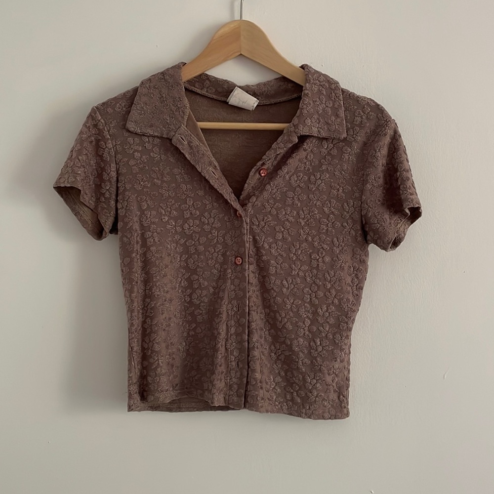 90s brown terry cloth button down, collared crop top